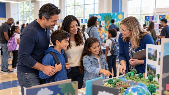 Parents and children meeting a teacher at a school open house