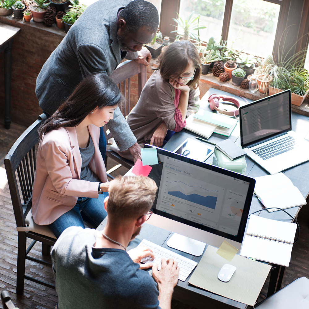 business team discussion data marketing statistics concept