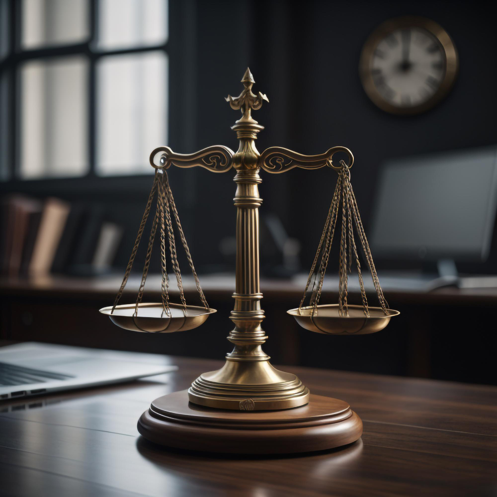 set scales justice sit desk dark office with-clock-wall-them