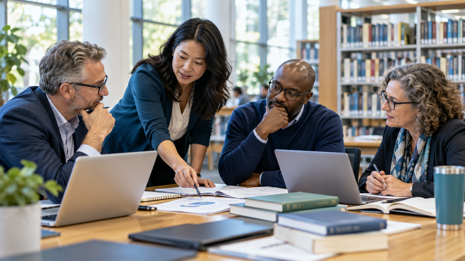 College faculty collaborating in a university library