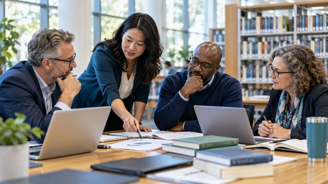 College faculty collaborating in a university library