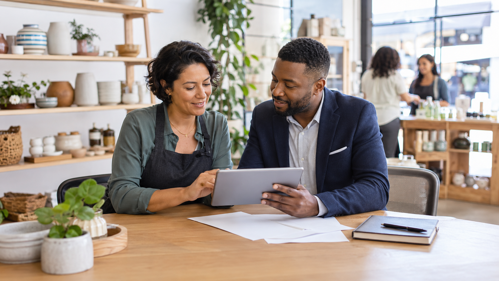 Small-business owner and commercial finance professional reviewing funding information in a retail setting.