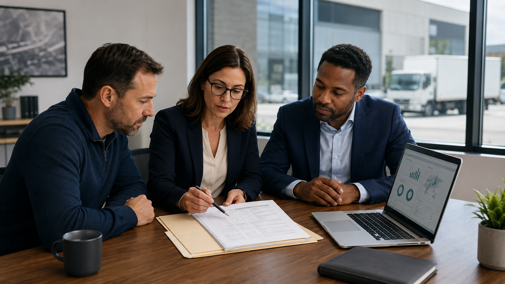 Business owner and commercial finance professionals reviewing UCC filing and lending data.
